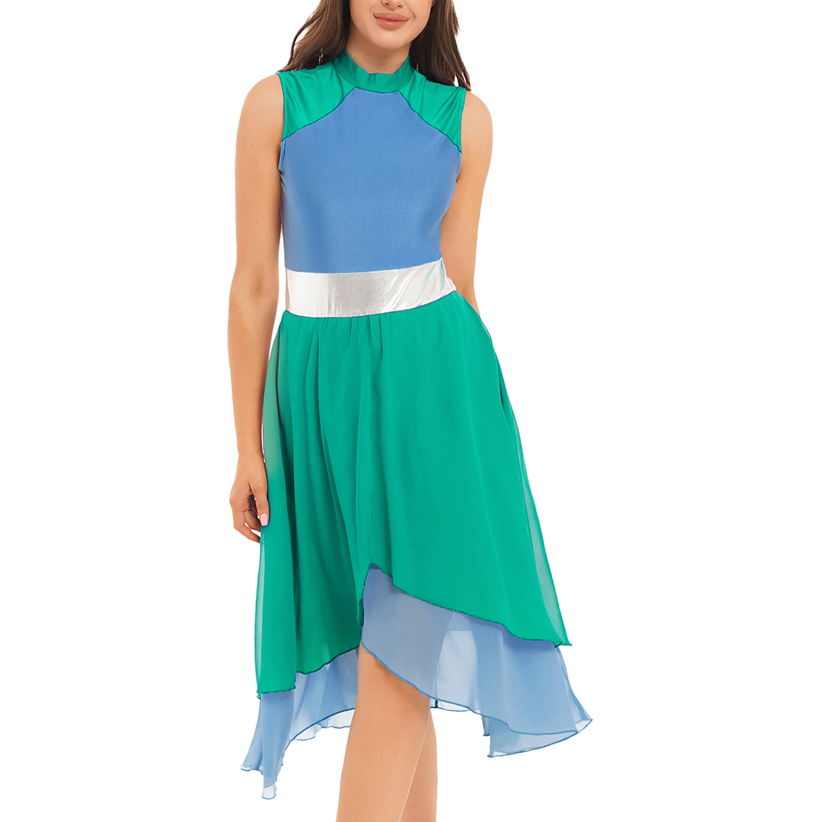 

Womens Color Block Lyrical Dance Dress Mock Neck Split Asymmetrical Hem Figure Skating Dress Ballerina Stage Performance Costume