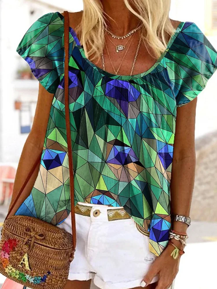 

Women Elegant O-neck Harajuku Blouse 2022 Fashion Colorful Geometric Print Loose Shirt Tops Summer Casual Short Sleeve Pullover