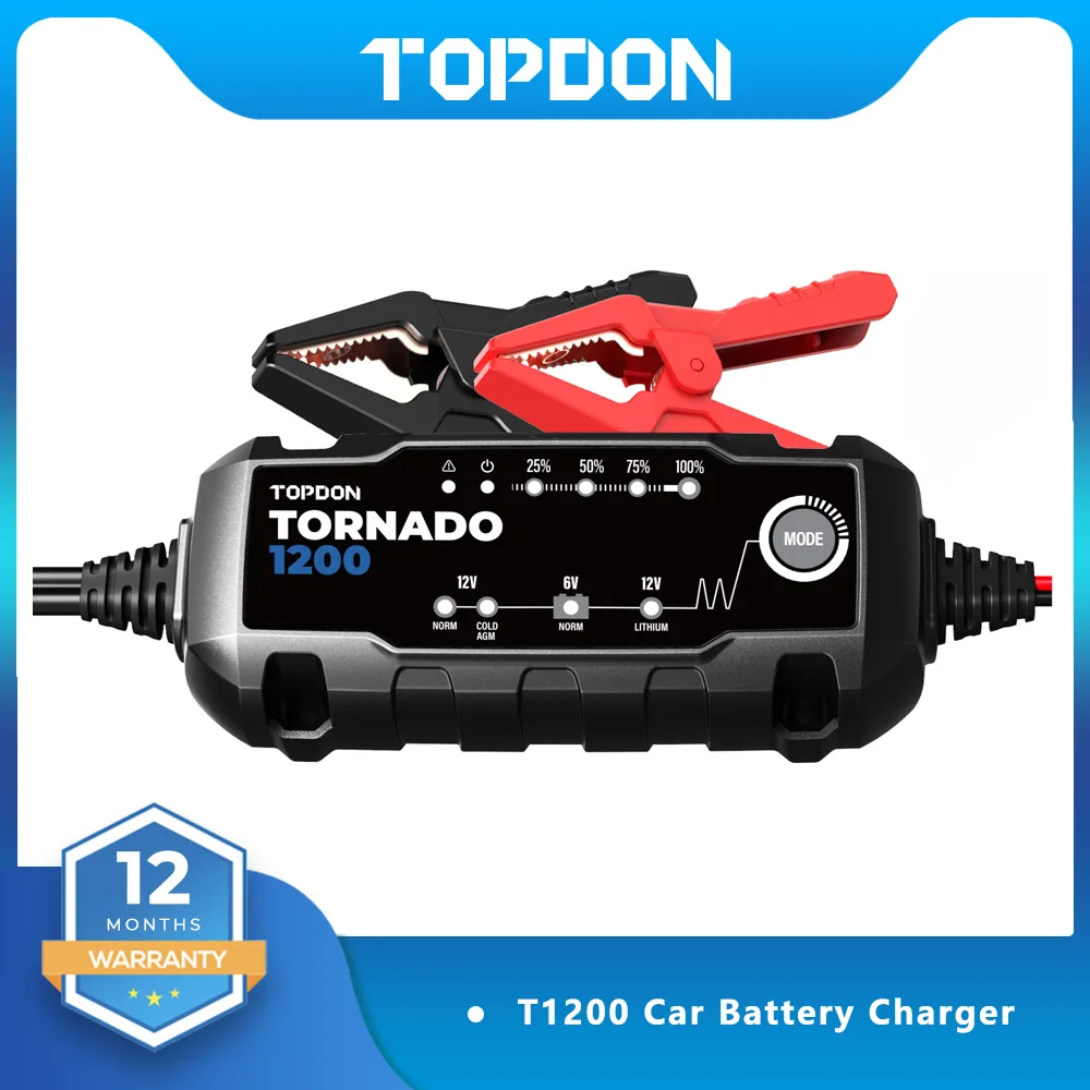 Topdon T1200 Car Battery Charger 6V 12V Automatic Lead Acid Lithium Batteries Charger IP65 Car Motorcycle Battery Charger