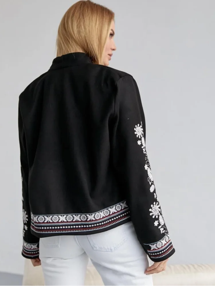 Женская хлопковая куртка с круглым вырезом длинным рукавом и винтажным принтом