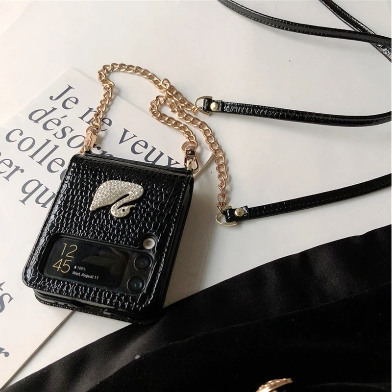 diy z flip3 luxury 3d crystal swan pu leather alligator pattern phone case for samsung galaxy z flip 3 5g crossbody strap cover free global shipping