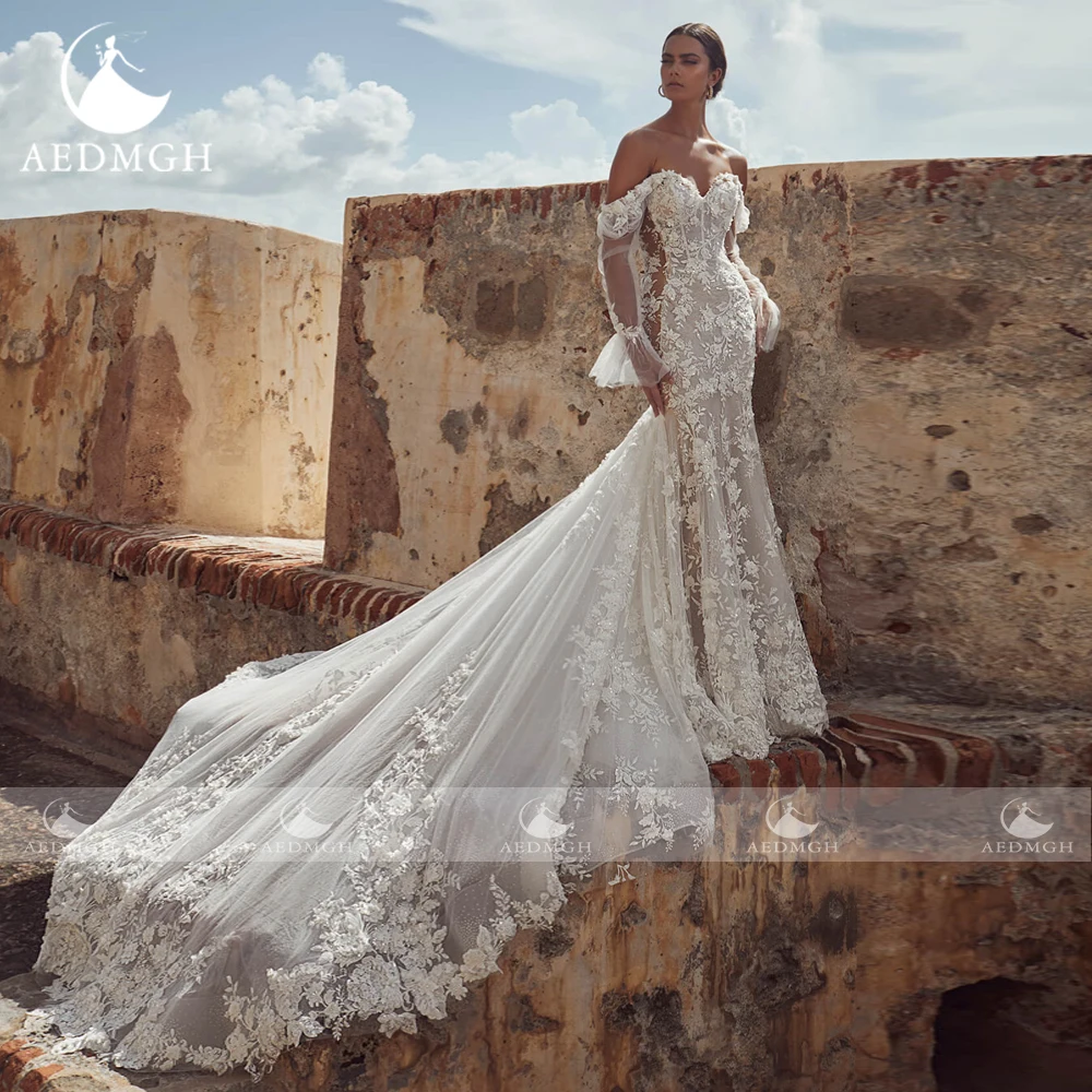 Фото Aedmgh Русалка Винтажные свадебные платья Милая съемная с длинным рукавом Vestido De Novia Аппликации Шикарное свадебное платье на заказ №3