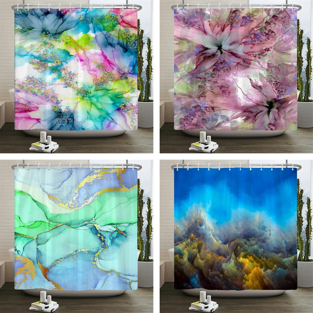 

Morden Art Colorful Printed Waterproof Shower Curtain Pink Gold Purple Gradient Shower Curtains with Hooks 3D Bathroom Screen
