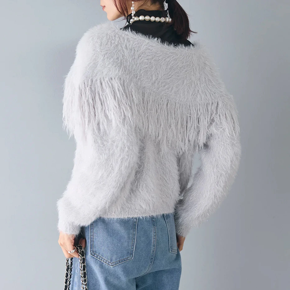 KUSAHIKI шикарная вязаная куртка с отложным воротником и кисточками повседневный