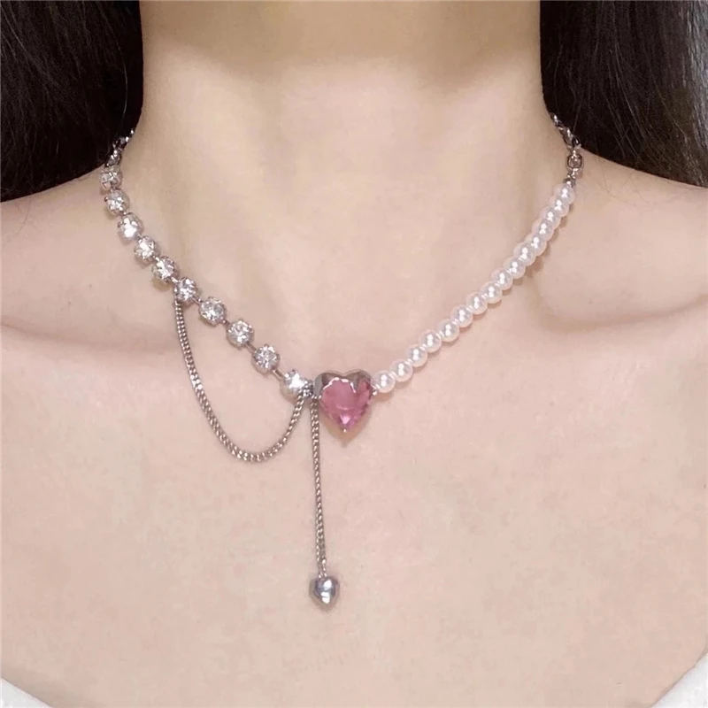

Korean Fashion Goth Pink Heart Pendant Pearl Rhinestone Stitching Necklace For Women Girl Wedding Party Y2k Jewelry Accessories