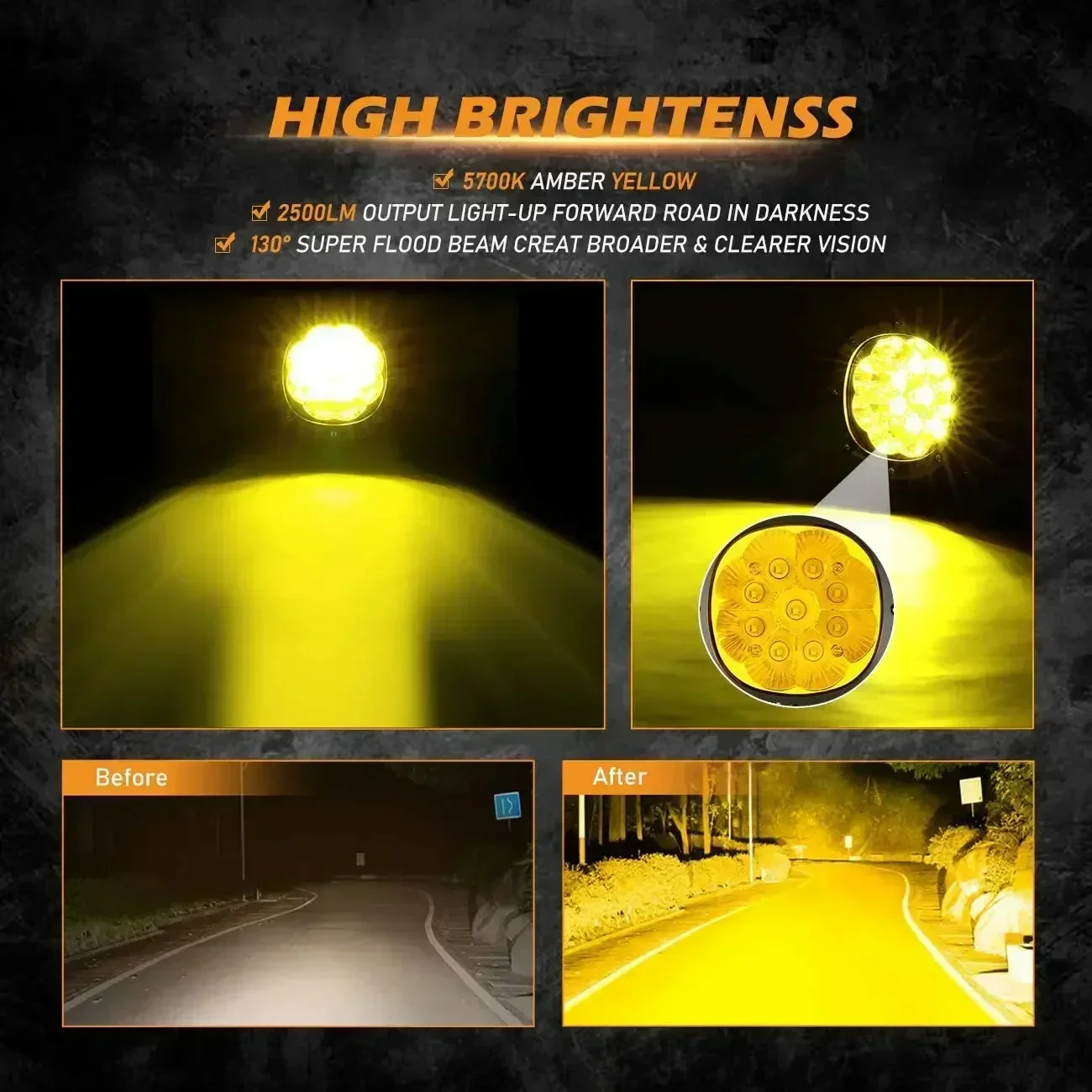 Фото AUXBEAM 4-дюймовые круглые светодиодные противотуманные фары Янтарно-желтый рабочий свет 3535 Светодиодный прожектор для Jeep Wrangler Грузовик SUV ATV UTV №3