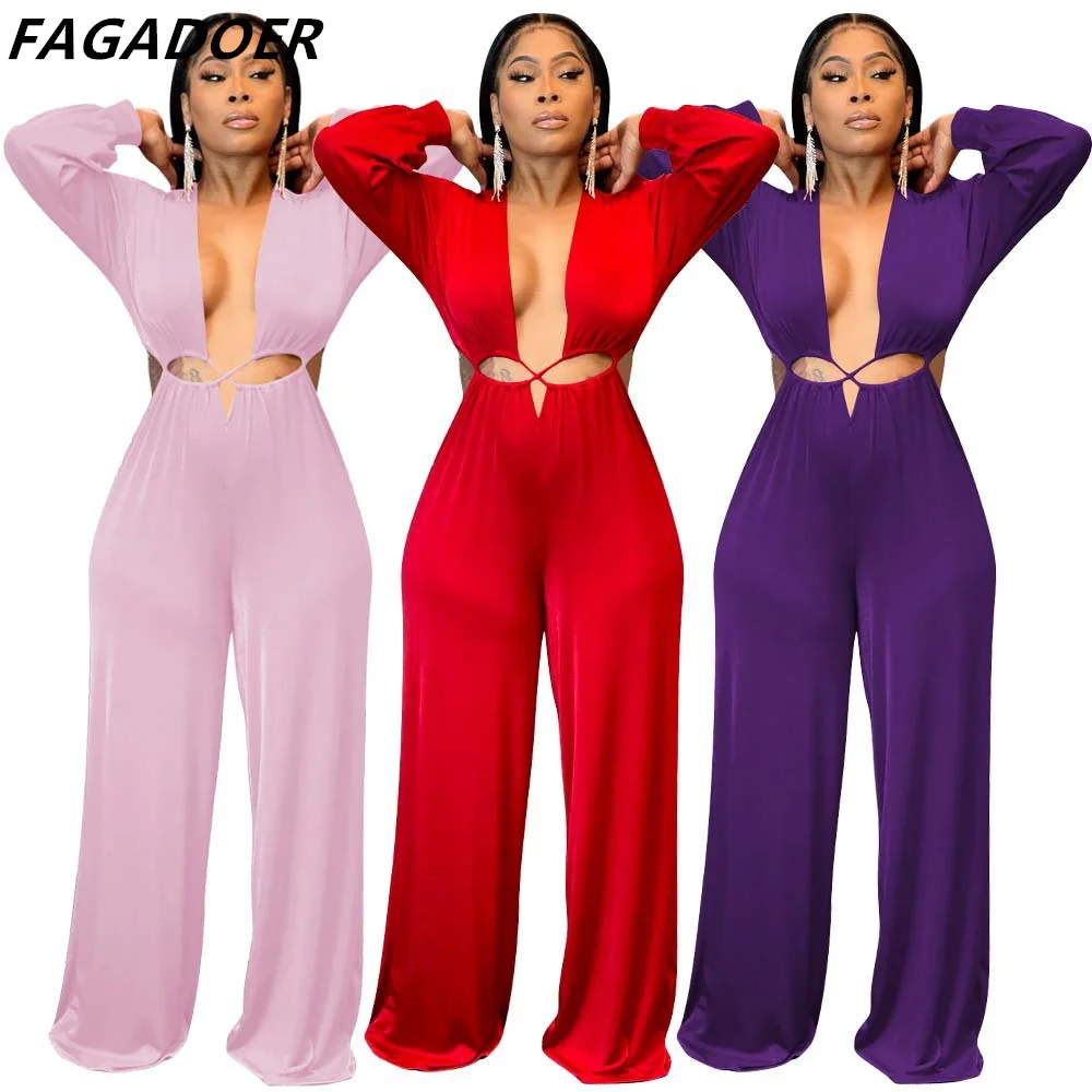 

FAGADOER Asymmetrical Hollow Solid Women Rompers Basic Long Sleeve Deep V Neck Sexy Streetwear Female High Waist Jumpsuits 2022