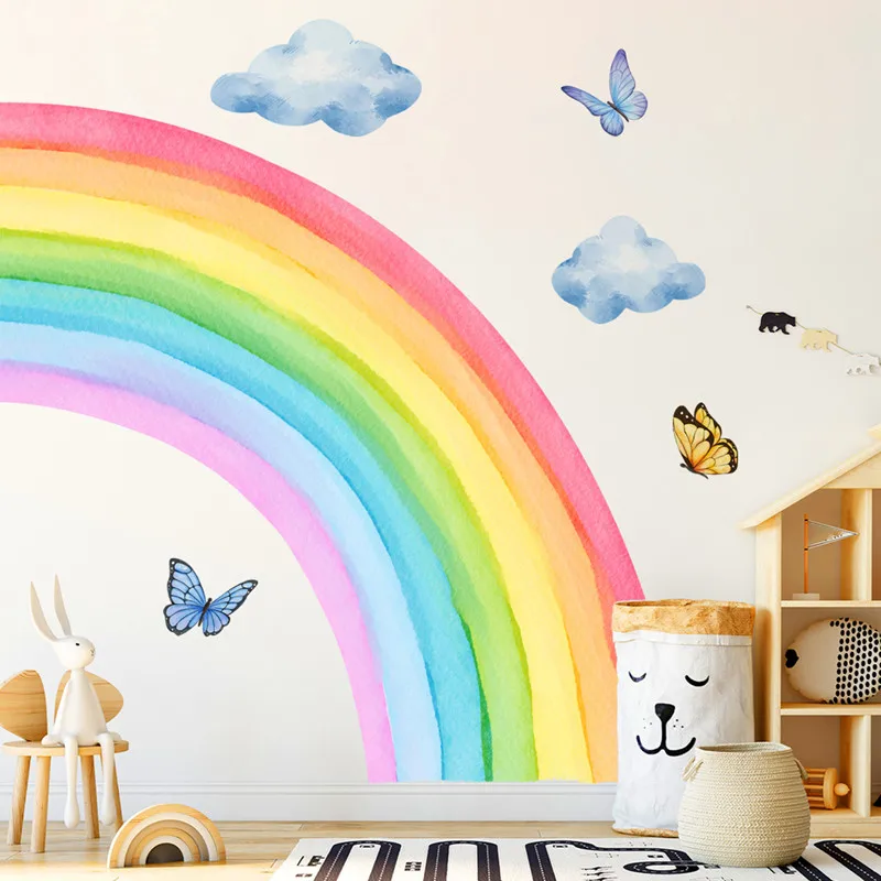 

Large Rainbow Clouds Butterfly Wall Stickers For Kids Room Background Wallpaper Boho Giant Rainbow Decals Removable Vinyl Murals