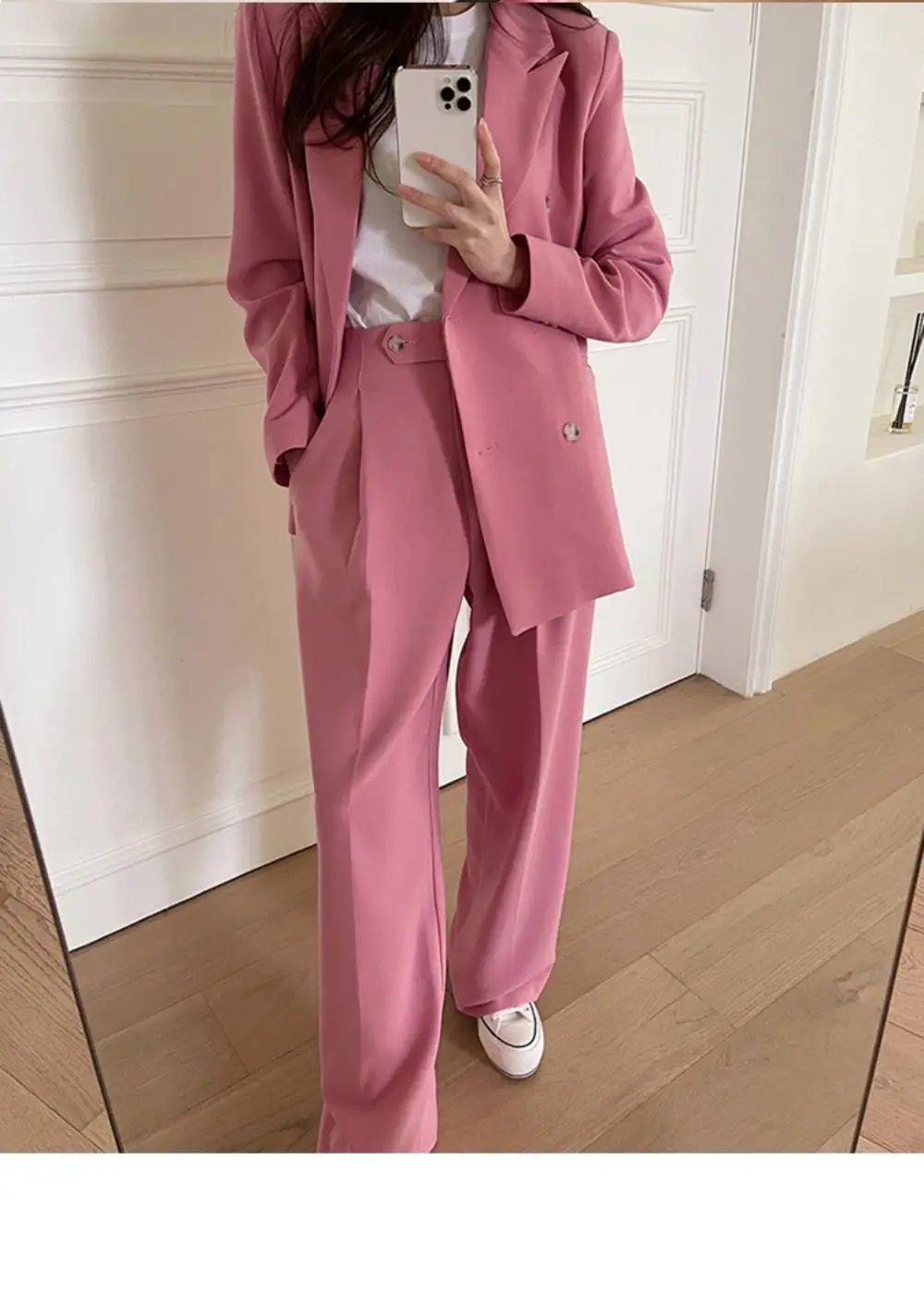 Korean Fashion Spring Autumn Women Pants Set Pink Loose Blazer Office Duble Breasted Suit Jackets Casual Pantsuit Female 2 Piece