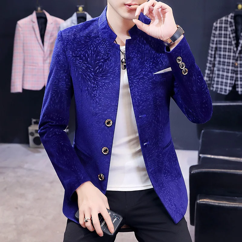 

HOO 2022 Men's Casual Stand Collar Jacquard Suit Youth Slim Spring and Autumn New Fashion blazers