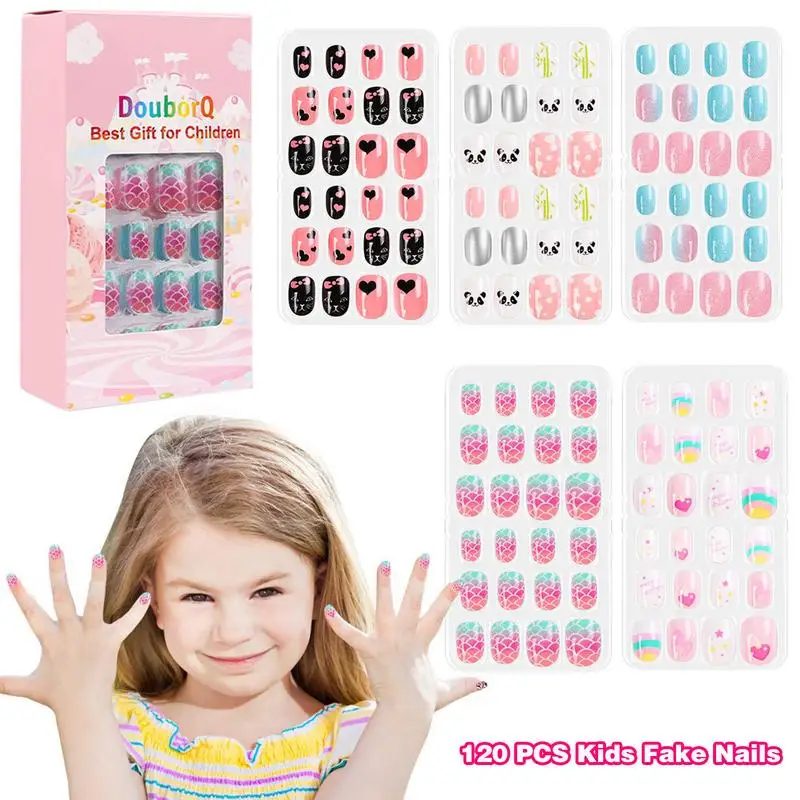 

Детские накладные ногти 120 шт., предварительно приклеенные накладные ногти с полным покрытием, наборы для девочек, детские Мультяшные Типсы для маникюра, декор для дизайна ногтей