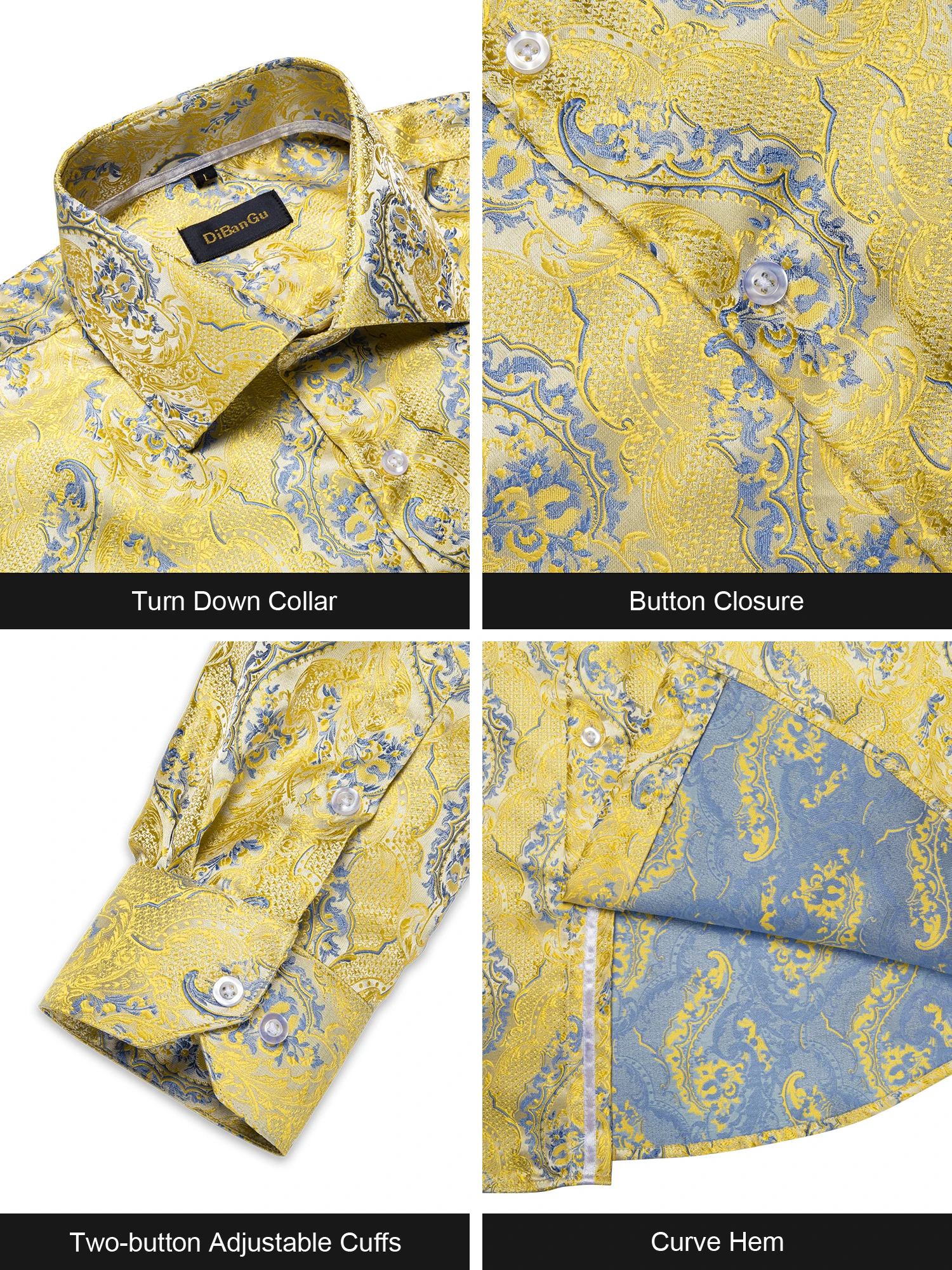 Yellow Turn Down Collar Shirt For Man Paisley Button Closure Luxury Men Shirts  Ajustable Cuffs Soft Party Causal Male Wear Gift