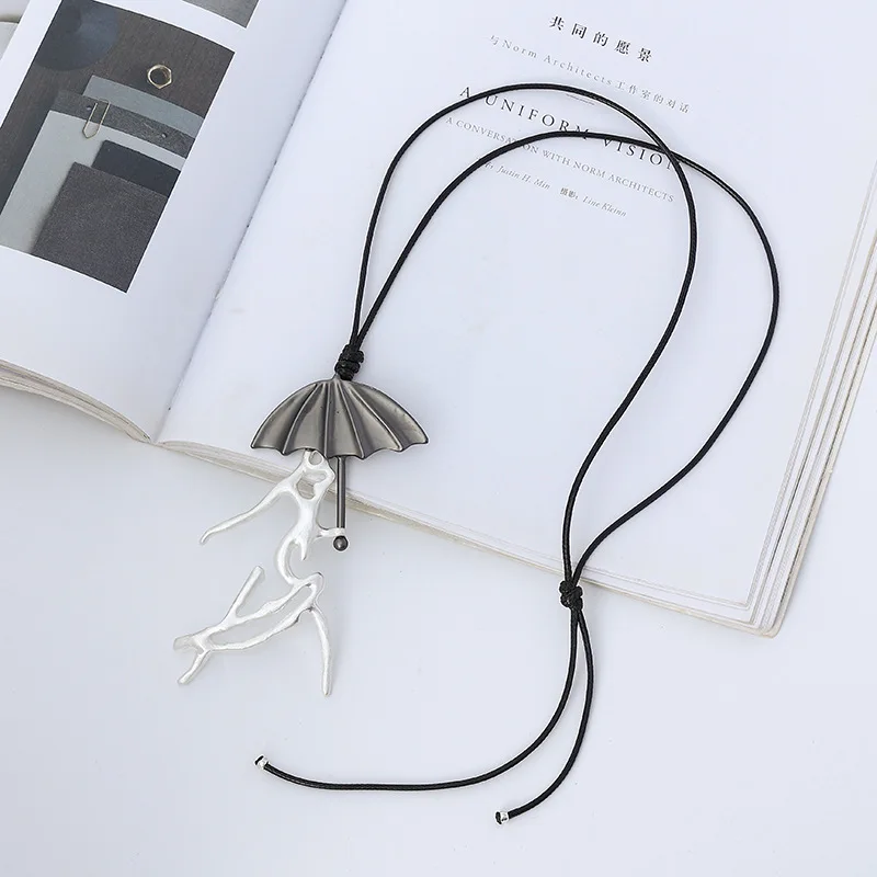 Amorcome Unique Design Umbrella Dancing Girl Pendant Necklace Vintage Long Black Leather Chain Necklaces Statement Jewelry