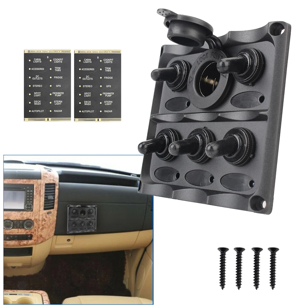 

Circuit Breaker Voltmeter/Cigarette Lighter Plug Car Marine LED Rocker Switch Panel 5 Gang DC 12v