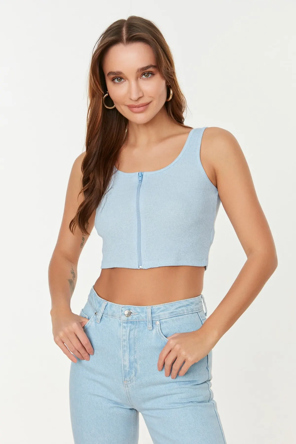 

Women's Summer Crop Top Blouse Blue Zipper and ribbon Super Crop Knitted Blouse hot girl top bottoming shirt