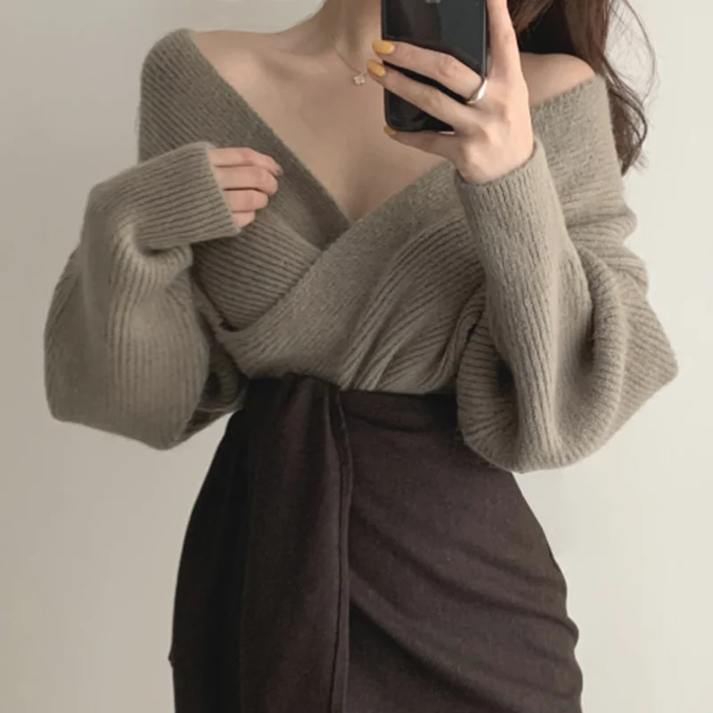 Женский свитер юбка костюм сексуальный облегающий с V-образным вырезом комплект