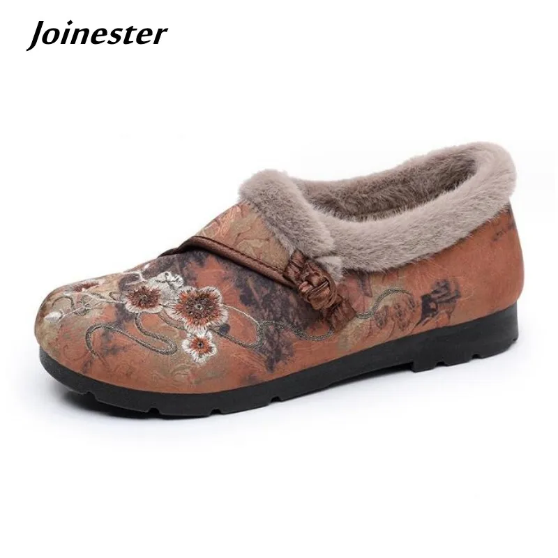 

Women Fur Edged Flat Winter Shoe Traditional Button Embroidered Vintage Loafers Warm Comfort Mom Shoes