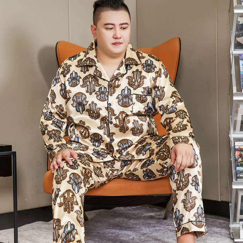 Mens Silk Satin Retro Pajamas Pyjamas Set Long Sleeve Sleepwear Pijama Pajamas Suit Male Sleep Two Piece Set Loungewear 4XL 5XL