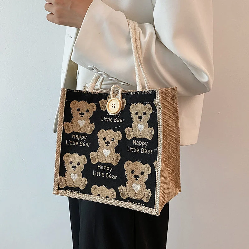 

Women Cute Bear Pattern Shoulder Bag Canvas linen Handbag Mini Girl Student carry bag Handbag Casual Lunch Bag Underarm bag