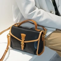retro fashion luxury natural real leather ladies contrast color handbag simple casual daily weekend party shoulder messenger bag