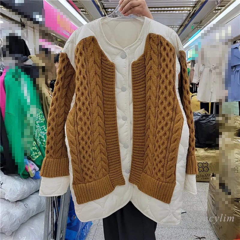 Mid-Length Stitching Knitted Parka Women's Autumn Winter Clothing Korean Style Loose Diamond Plaid Single-breasted Coats 2022