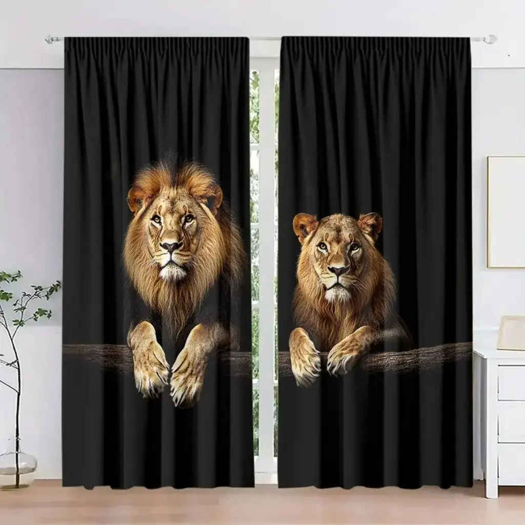 2Pcs King and Queen Lion Crown Red Roses 3D Print Window Curtains for Living Room Bedroom Kitchen Door Hall Home Decor