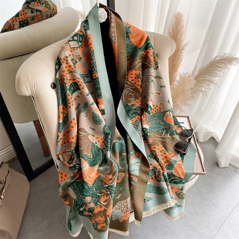 

Дизайнерский кашемировый шарф с принтом для женщин из пашмины 2022 осенне-зимнее модное двустороннее толстое одеяло Шали Женские палантины