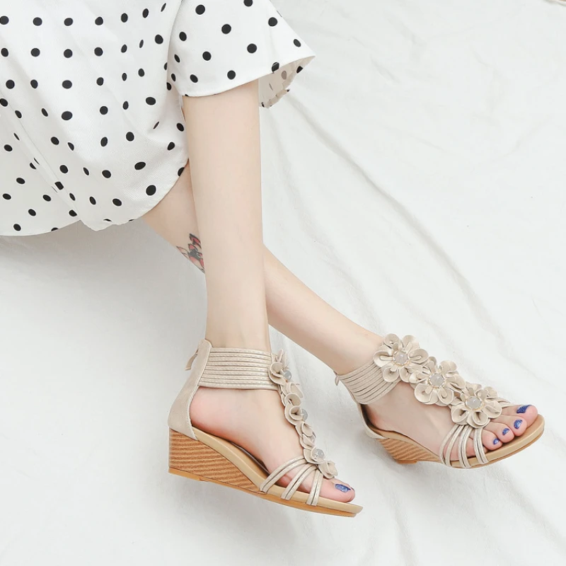 

Women's Sandals Fashion Platform Open Toe Slipper Comfortable Wedge Back Zip Floral Vintage Party Shoes Sandales Femmes Ete
