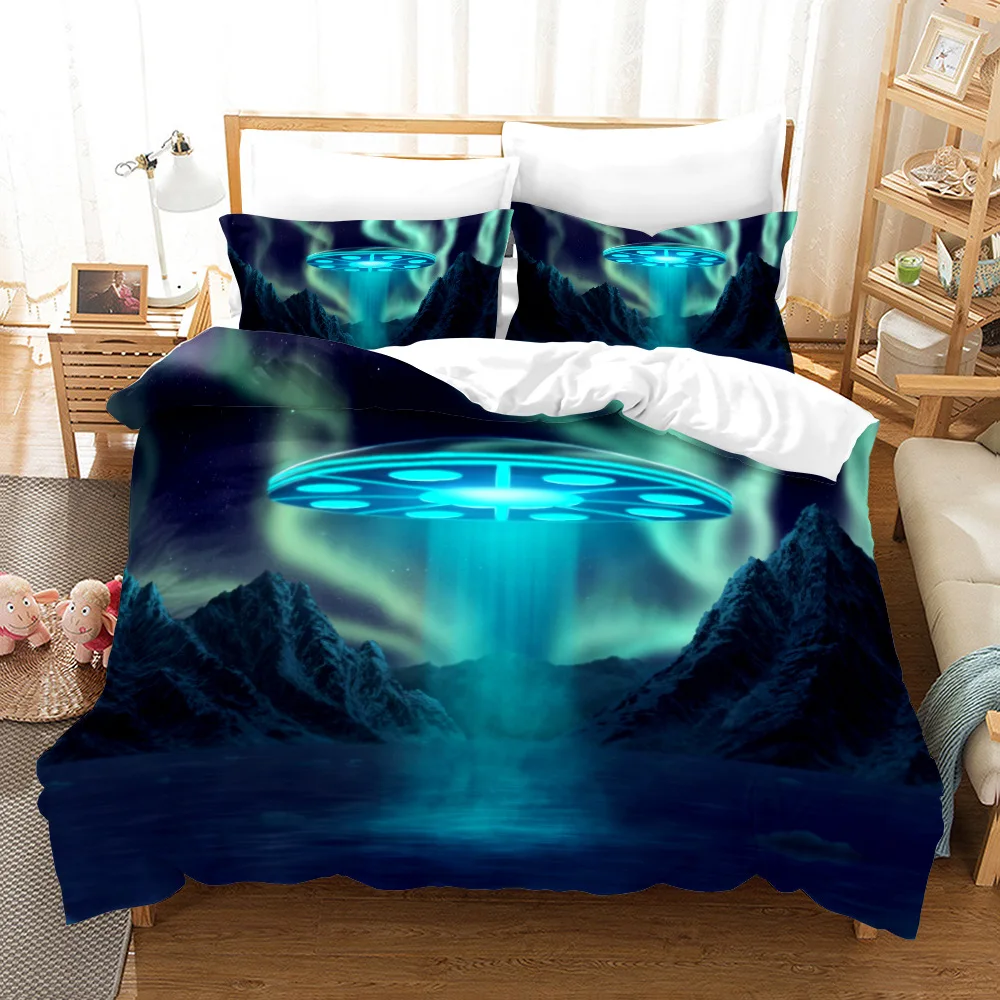 

UFO Kids Duvet Cover Set King Queen Mysterious Alien Comforter Cover Abstract Trippy Space Bedding Set Polyester Quilt