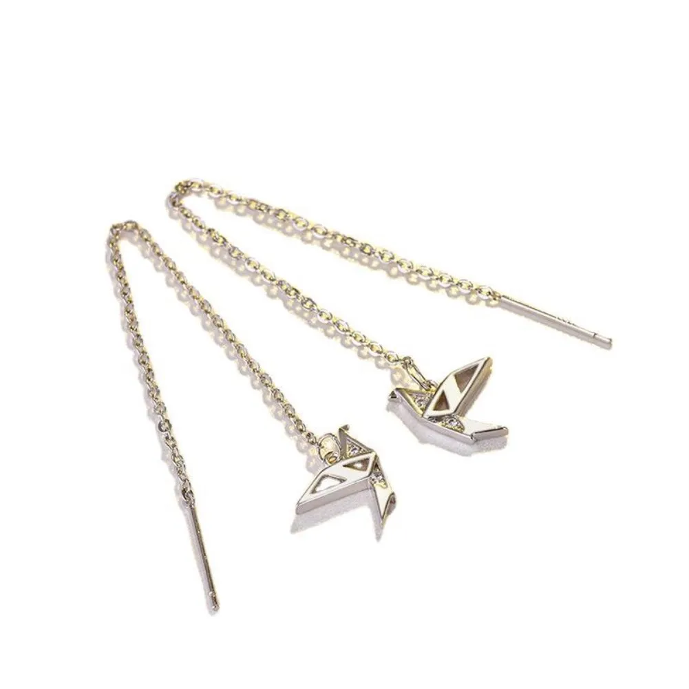 

Kissitty 1Pair Paper Crane Brass Rhinestone Tassel Earrings Long Hanging Chain Dangle Earrings Jewelry Findings Gift
