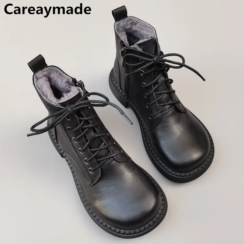 

Careaymade-100% Genuine leather large head wide version short boots,women's Pure handmade Martin single boots warm Wool boots