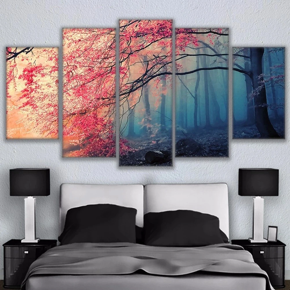 

Red Leaf Forest Mist Module Wall Art 5 Pieces Nature Landscape Posters Prints Modern Canvas Painting Picture Home Decor Unframed