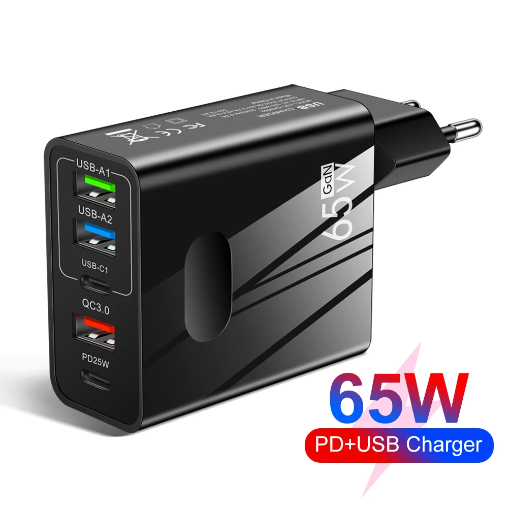 

65W USB Charger 3USB 2PD Quick Charge 3.0 Fast Charger Type C For iPhone 14 13 Samsung Xiaomi Mobile Phone Wall Adapter Travel