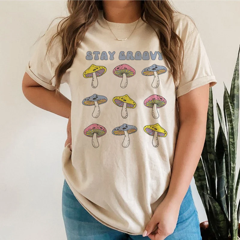 kuakuayu HJN Stay Groovy Mushroom 70s Retro T Shirt Women Summer Loose Vintage T-Shirt Ladies Cute Hippie Graphic Tees y2k