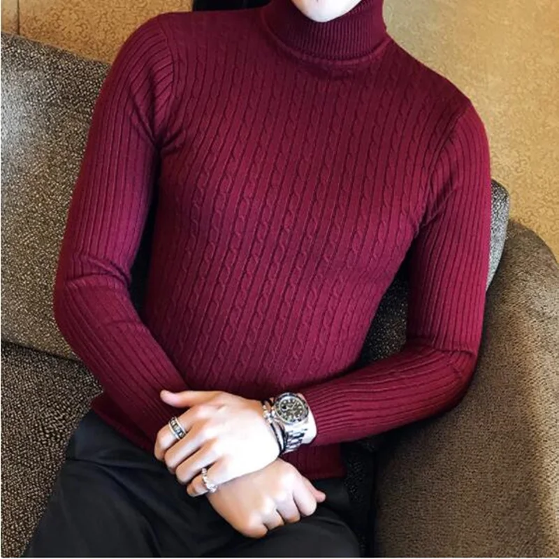 2022 Slim Solid Color Turtleneck Sweater Mens Winter  Warm Knit Sweater Classic Casual Bottoming Shirt