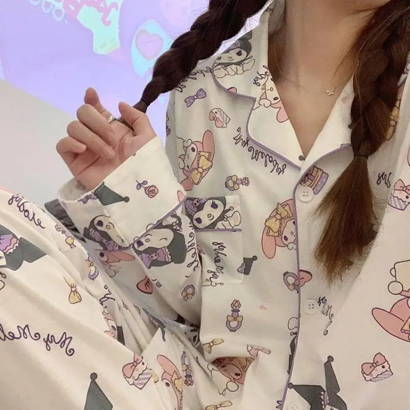

Kawaii Sanrios Pajama Sets Cartoon Kuromi Sleepwear Spring Autumn Season Cotton Anime Pajamas for Women Loungewear
