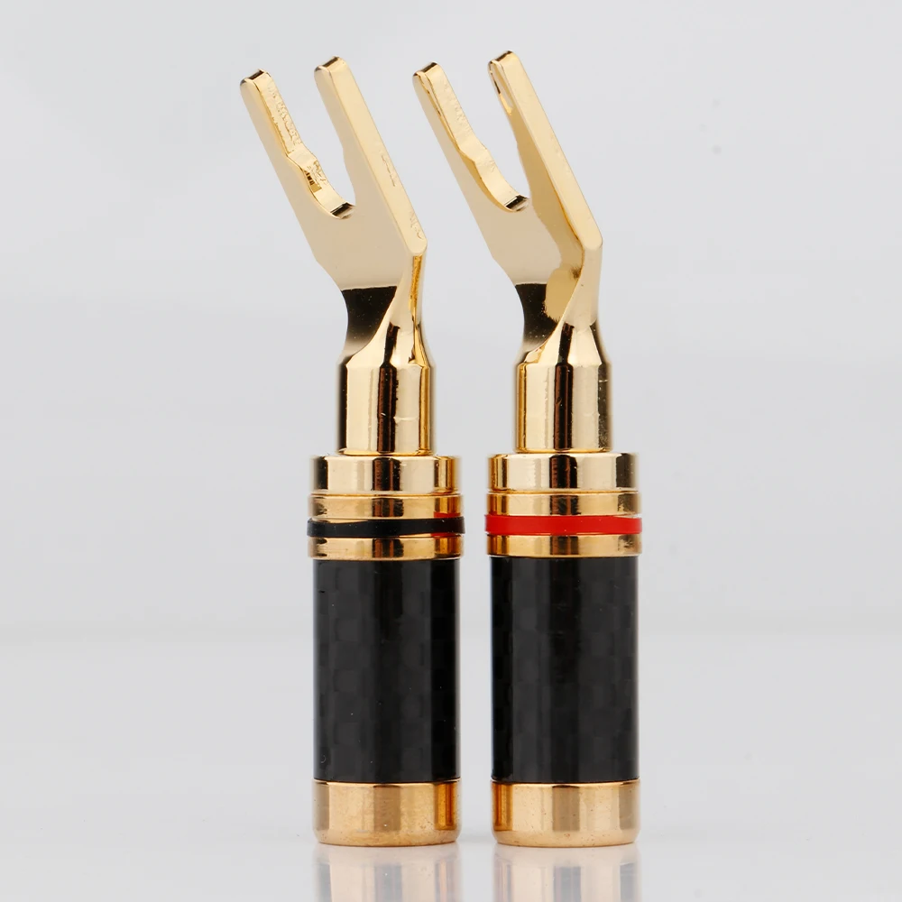 4pcs Gold Carbon Fiber Spade Plug Speaker Cable Copper Connector HiFi plug Terminal Connector speaker cable Extension plu