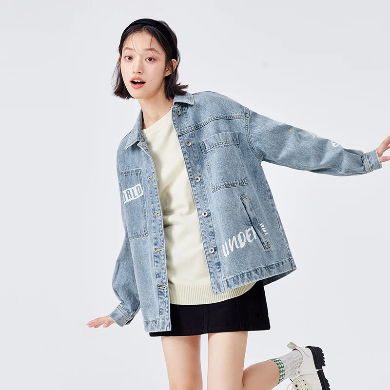 

SEMIR Denim Jacket Women Design Sense Cartoon Cotton 2022 Spring New Retro Style Loose Jacket Girls Hong Kong Style