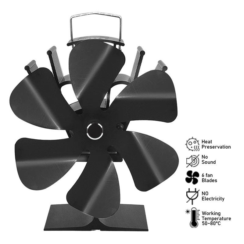 

6 Blades Heat Powered Stove Fan Black Fireplace Log Wood Burner Fan Stove Eco Friendly Home Quiet Efficient Heat Distribut