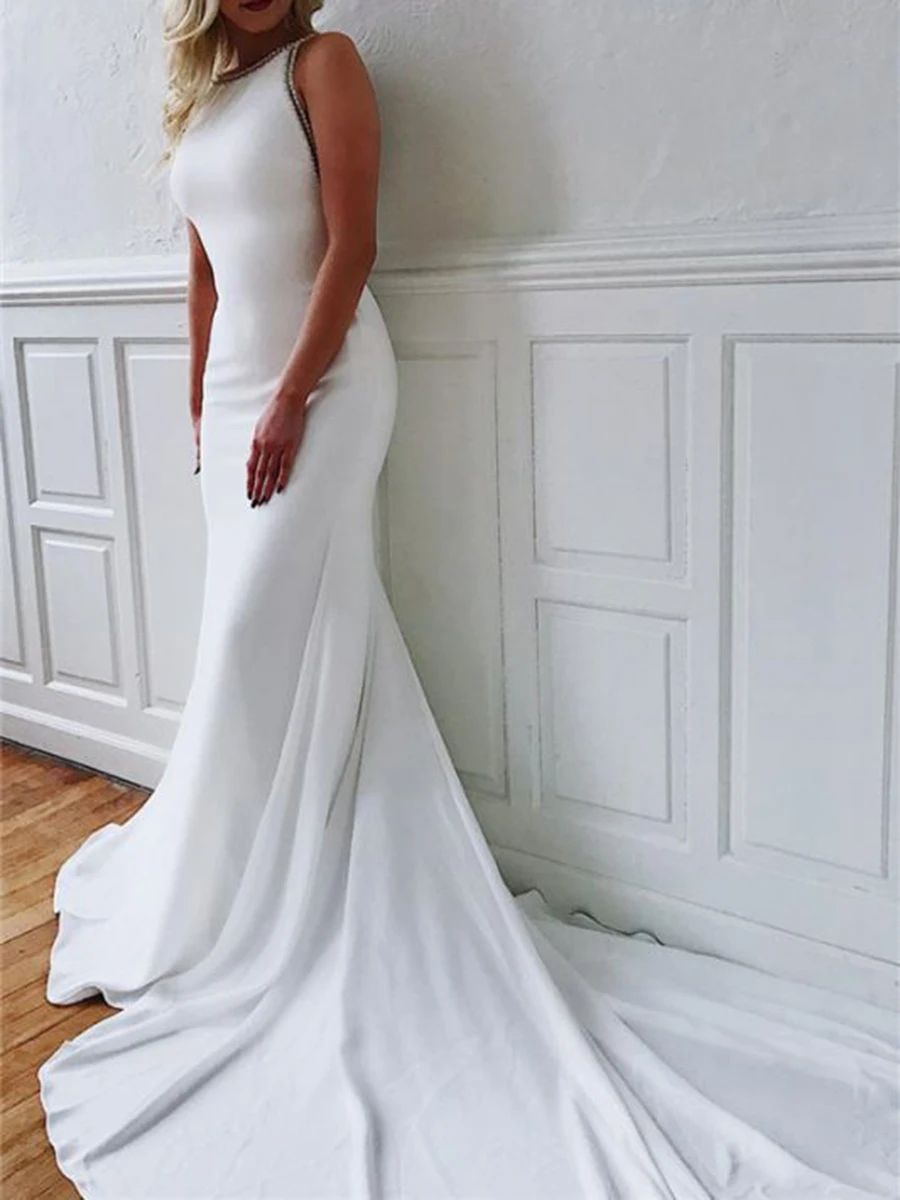 

Elegant Ivory O-Neck Sleeveless Beading Backless Mermaid/Trumpet Court Train Woman Wedding Dresses Bridal Engagement Party