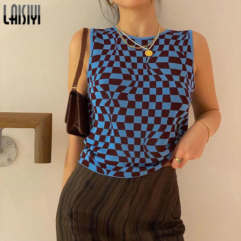 

Women's Tank Top Slim Round Neck Woolen Vest Female Fashion Plaid Color Contrast Tops Female Clothing 2022 Sleeveless Top