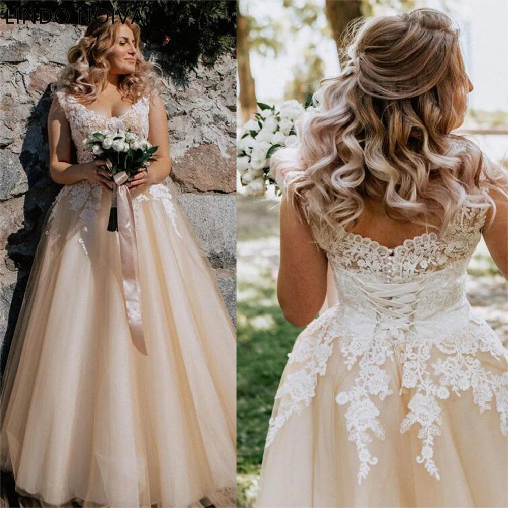 

Plus Size V-neck Lace Applique Cap Sleeve Elegant A-line Wedding Dress Lace-up Pearls Champagne Bridal Dress vestido de novia