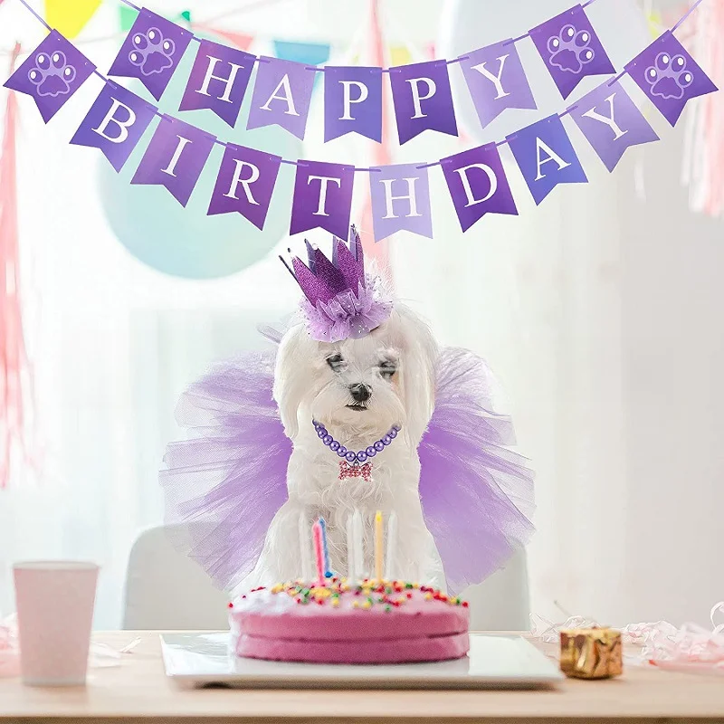 

Pet Birthday Set - Tulle Skirt, Necklace, Pull Flag, Drawstring Crown, for Dogs and Cats, Multi-color Party Decorations