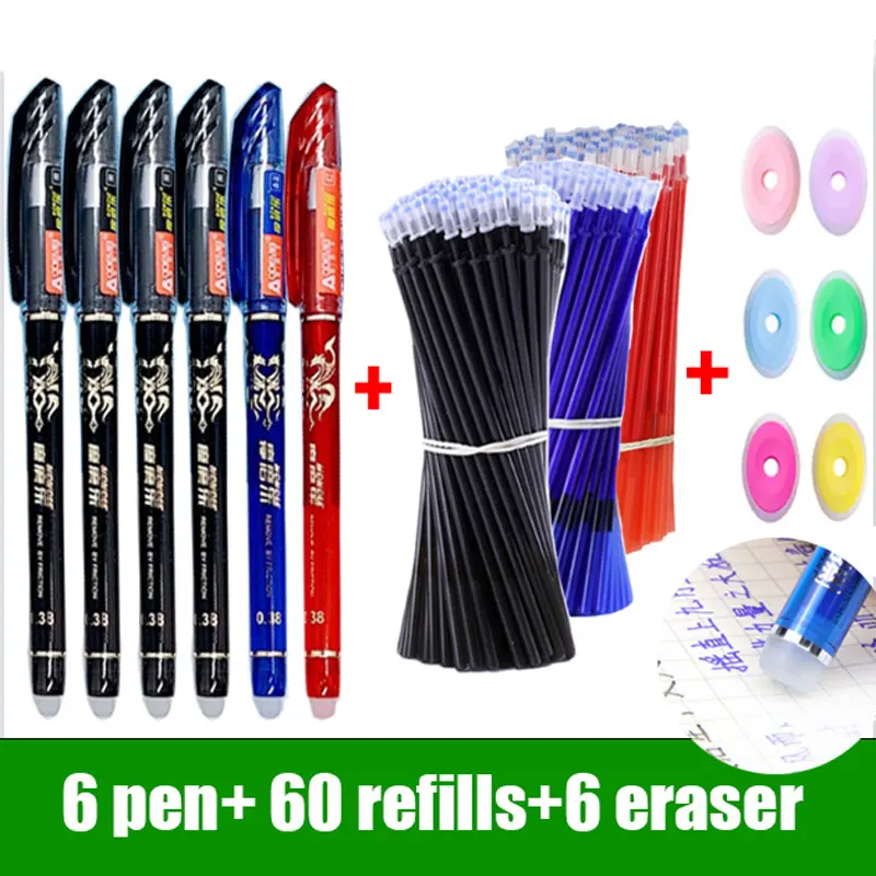 

6+60pcs Erasable Gel Pen Set Ballpoint Pen Ink Washable Handle Stationery School Office Writing Supplies