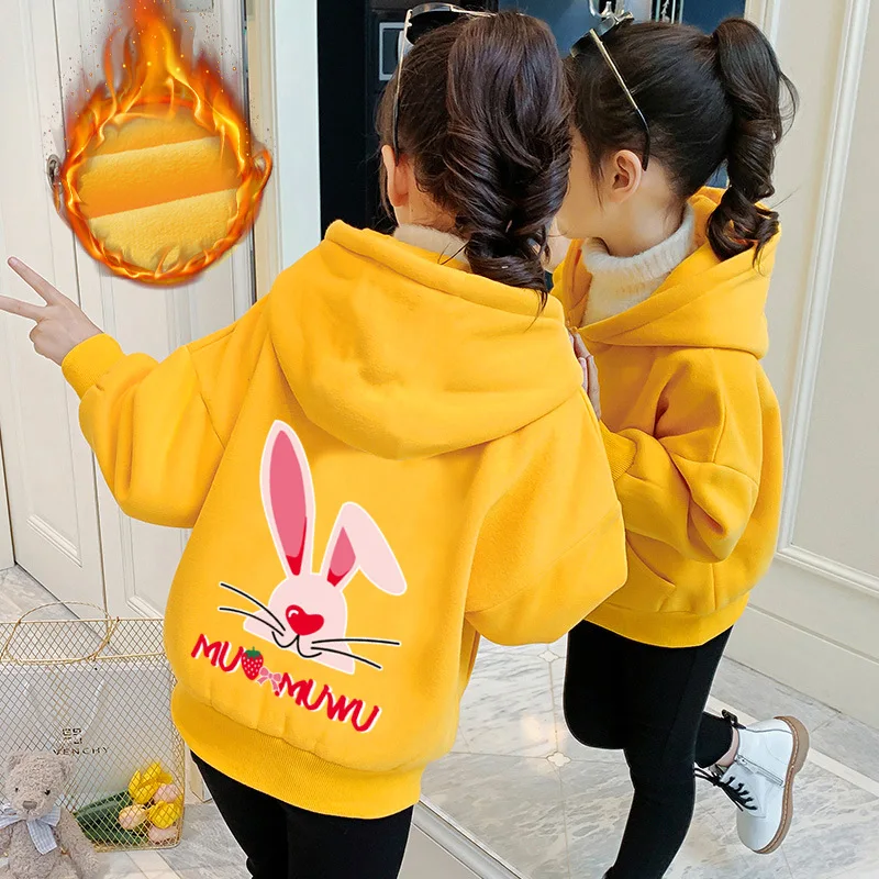 

Girls Hoodies Kids Hooded Jacket Cartoon Printed Teenagers Fleece Thicken Pullover 3 To12 Yrs Children's Casual Clothing