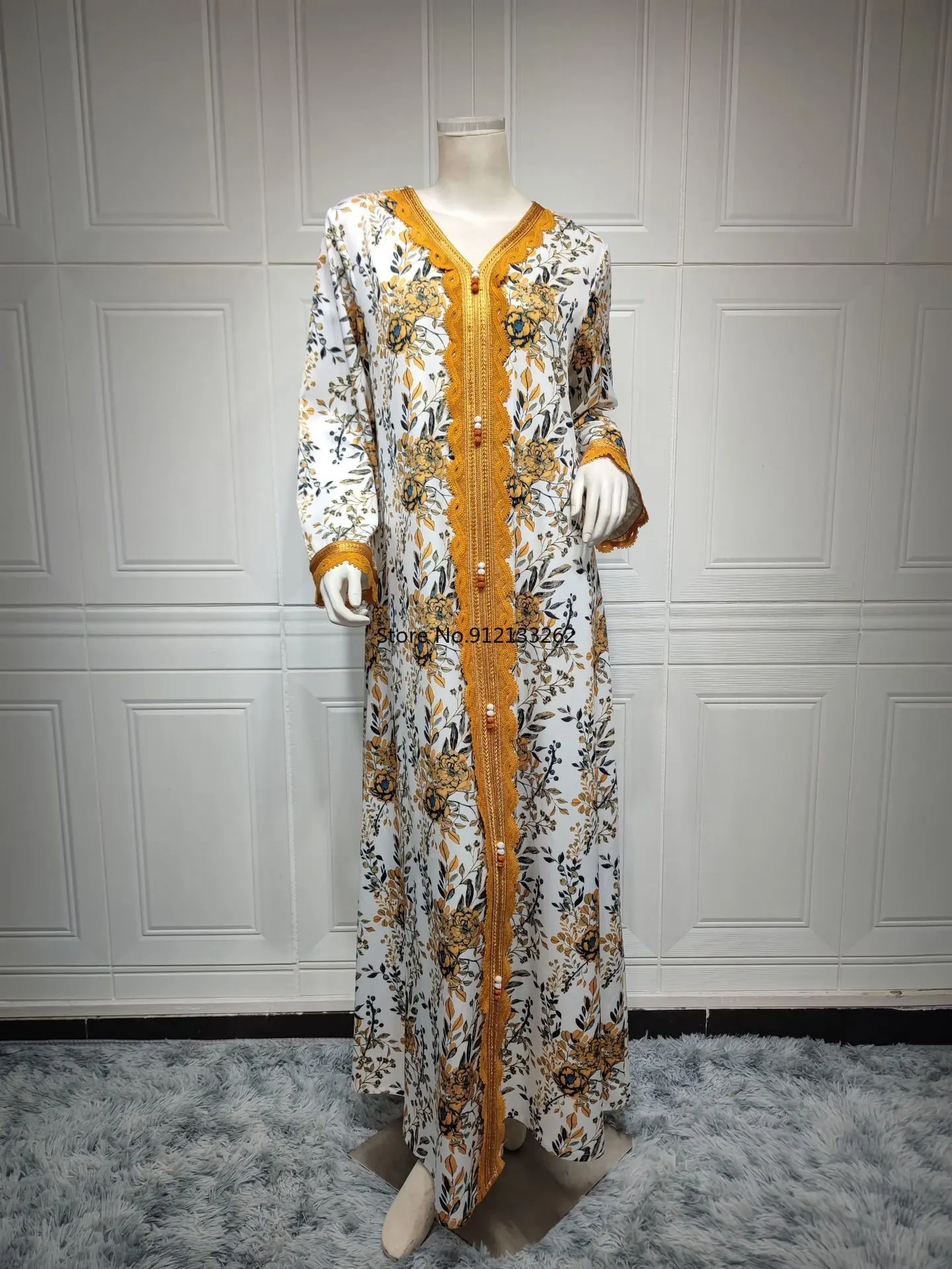 2023 Summer Muslim Women Fashion Long Sleeve V-neck Printing Polyester Orange Long Abaya Muslim Dresses Abaya Dress