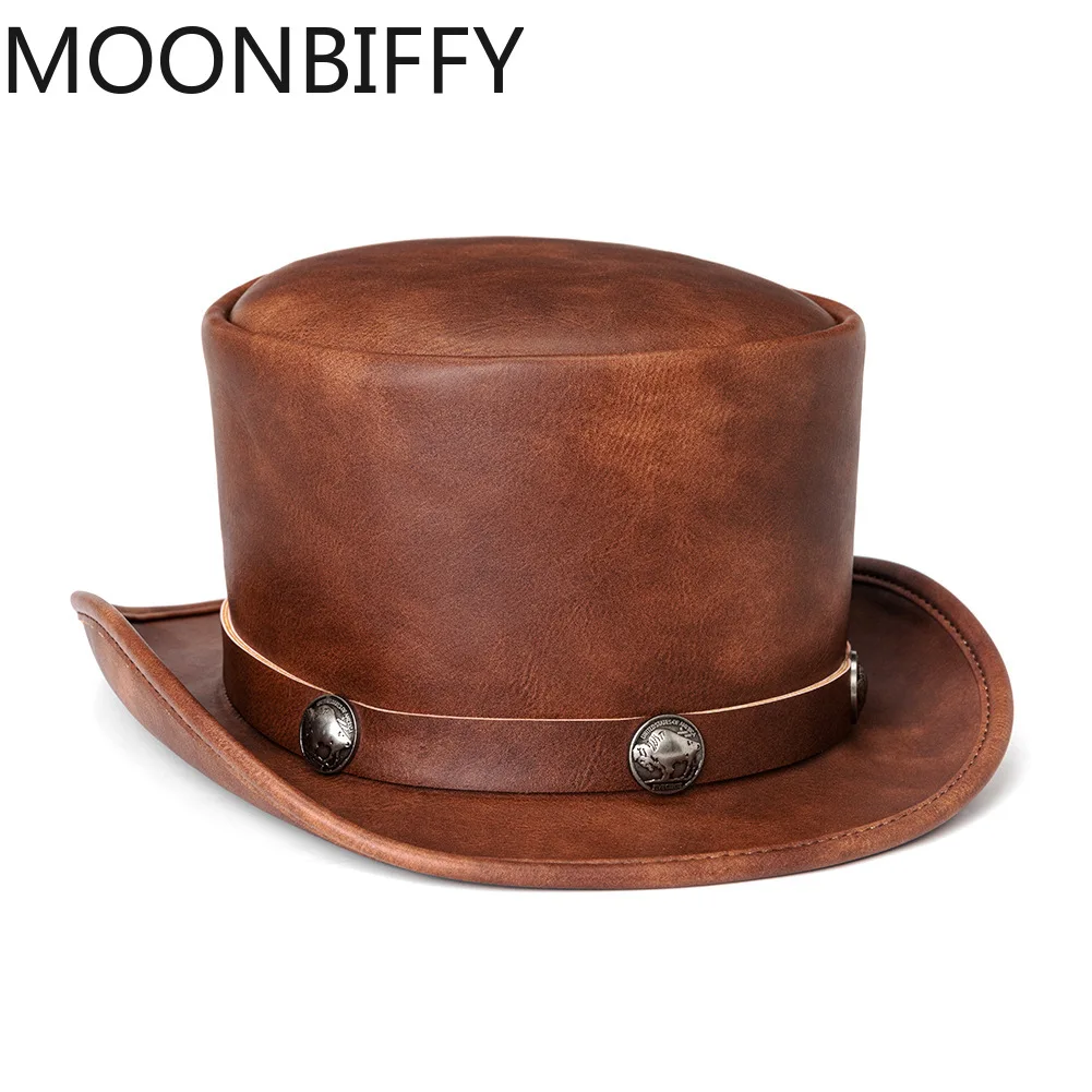 

Vintage Black Brown Punk Top Hat Pu Leather Party Hat Magic Head Wear Festival Party Decor Rivet Hat Halloween Gentleman Hats