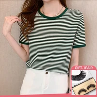 korean fashion striped t shirt womens top summer loose knitting casual female t shirt o neck short sleeved women clothing tops