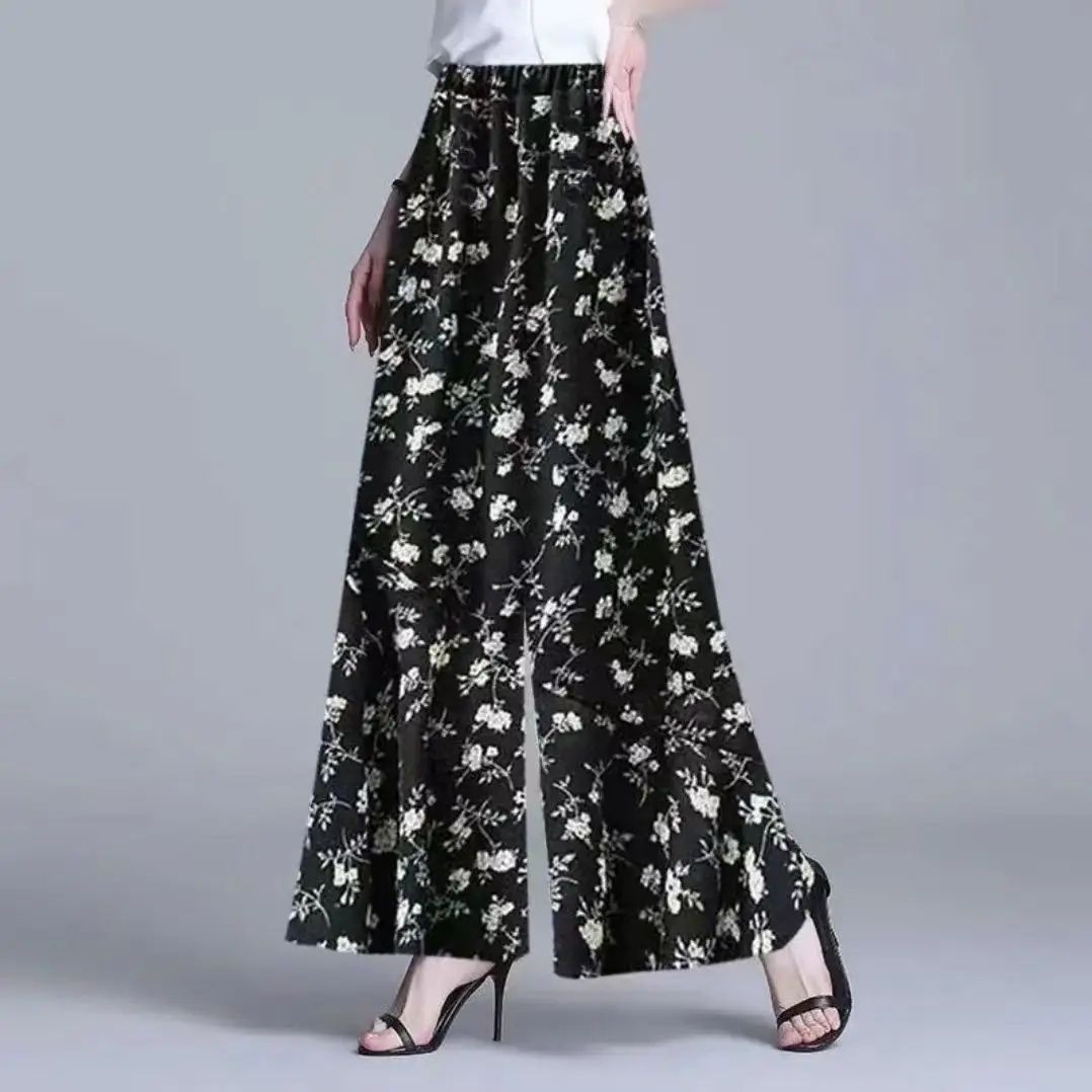 

2023 New Casual Floral Wide Leg Pants Women's Clothing Spring Summer Elastic High Waist Slim Pants Female Trousers 545