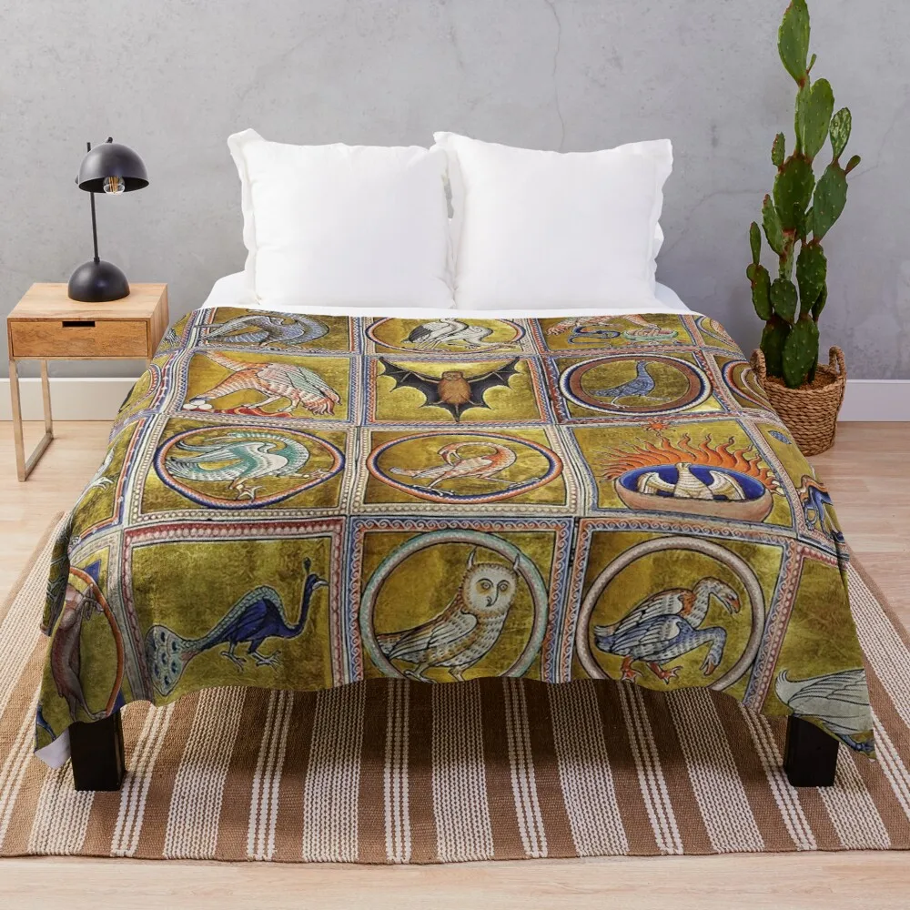 

MEDIEVAL BESTIARY, FANTASTIC ANIMALS IN GOLD RED BLUE COLORS Throw Blanket For Sofa Thin Blanket With Fur